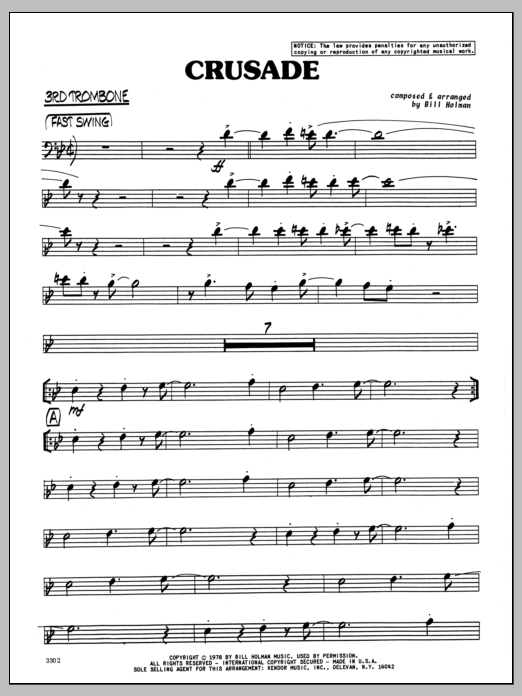 Preview Bill Holman Crusade - 3rd Trombone Jazz sheet music, notes and chords for Jazz Ensemble, SKU: 333795 Download Bill Holman Crusade - 3rd Trombone sheet music and printable PDF score & Jazz music notes