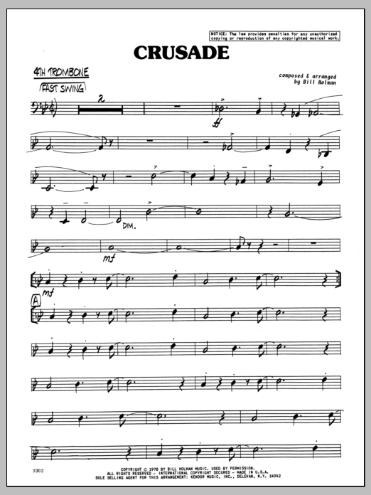 Preview Bill Holman Crusade - 4th Trombone Jazz sheet music, notes and chords for Jazz Ensemble, SKU: 333796 Download Bill Holman Crusade - 4th Trombone sheet music and printable PDF score & Jazz music notes