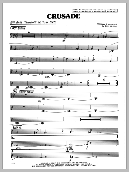 Preview Bill Holman Crusade - Trombone (5th Part) Jazz sheet music, notes and chords for Jazz Ensemble, SKU: 333797 Download Bill Holman Crusade - Trombone (5th Part) sheet music and printable PDF score & Jazz music notes