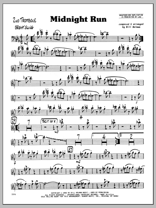 Download Bill Holman Midnight Run - 2nd Trombone sheet music and printable PDF score & Jazz music notes