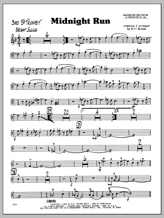 Preview Bill Holman Midnight Run - 3rd Bb Trumpet Jazz sheet music, notes and chords for Jazz Ensemble, SKU: 334814 Download Bill Holman Midnight Run - 3rd Bb Trumpet sheet music and printable PDF score & Jazz music notes