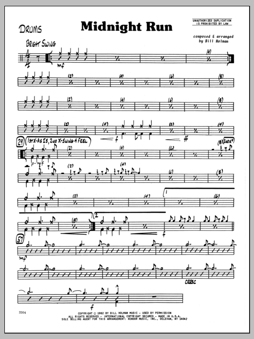 Preview Bill Holman Midnight Run - Drums Jazz sheet music, notes and chords for Jazz Ensemble, SKU: 334822 Download Bill Holman Midnight Run - Drums sheet music and printable PDF score & Jazz music notes