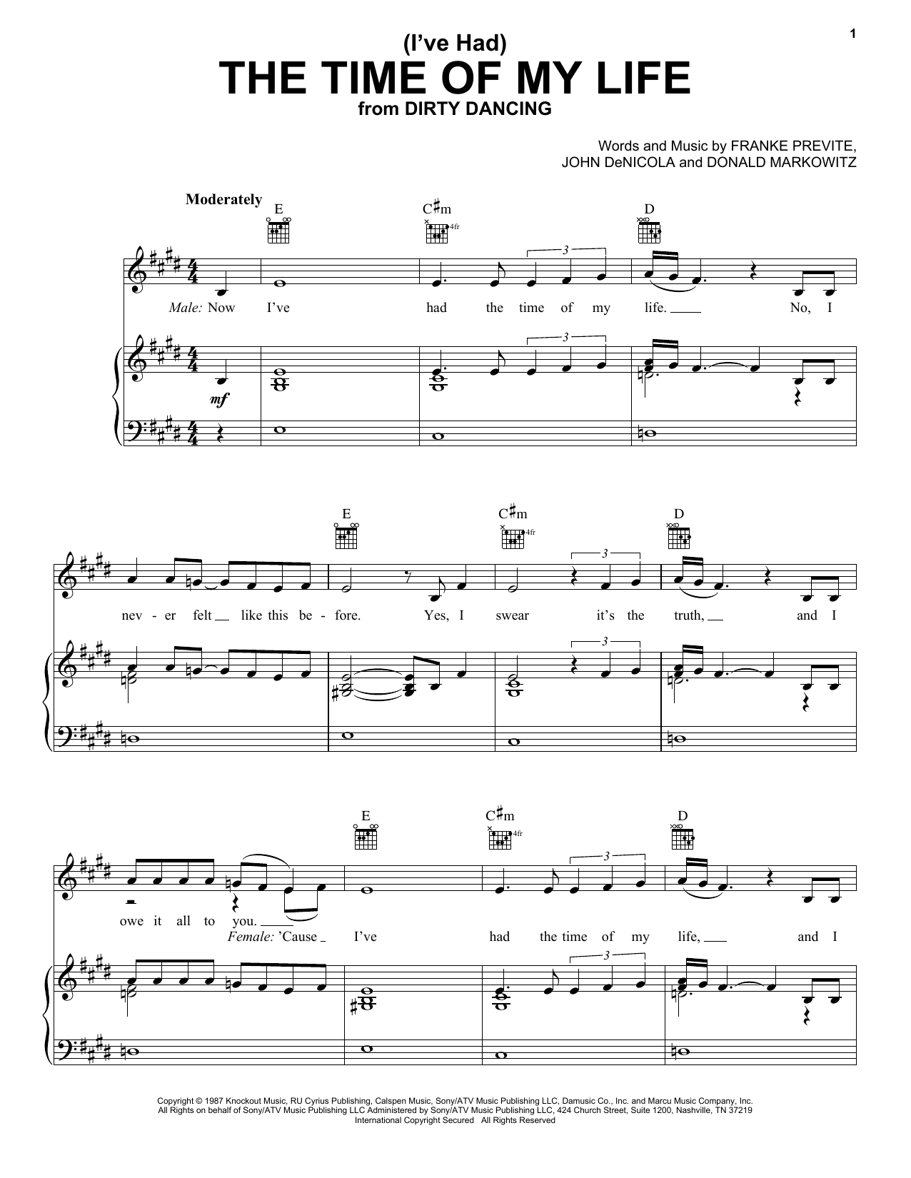 Preview Bill Medley & Jennifer Warnes (I've Had) The Time Of My Life Film and TV sheet music, notes and chords for Piano, Vocal & Guitar (Right-Hand Melody), SKU: 18267 sheet music, piano notes, chords, guitar tabs, score, transpose, transcribe, how to play, guide, download, learn, tutorial, progression, song, artist, awards, billboard, mtv, vh1, tour, single, album, release