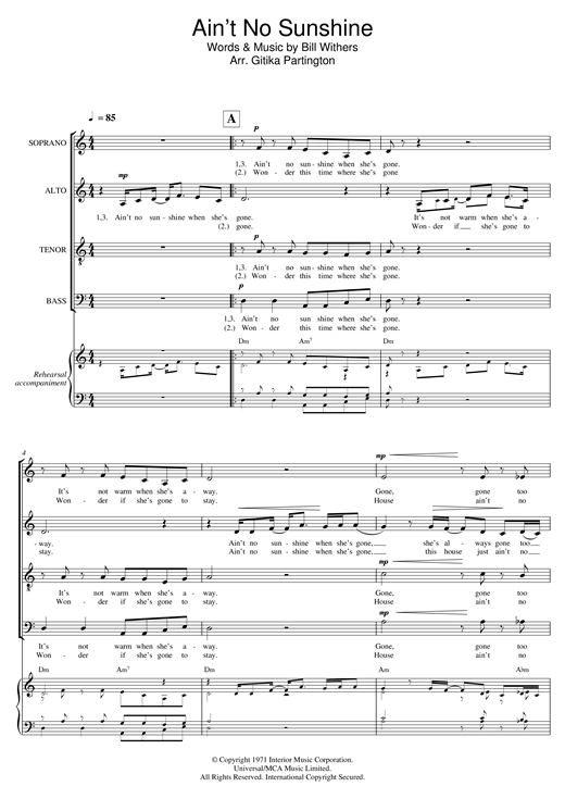 Preview Bill Withers Ain't No Sunshine (arr. Gitika Partington) Soul sheet music, notes and chords for SATB, SKU: 121351 sheet music, piano notes, chords, guitar tabs, score, transpose, transcribe, how to play, guide, download, learn, tutorial, progression, song, artist, awards, billboard, mtv, vh1, tour, single, album, release