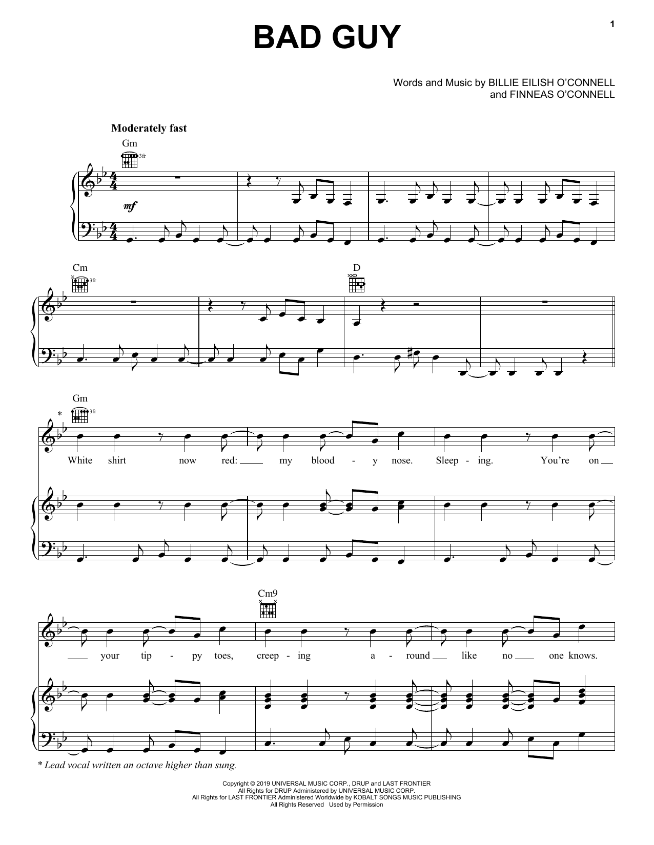 Billie Eilish bad guy Sheet Music for Pop Piano, Vocal & Guitar (Right-Hand Melody) including 6 page(s)