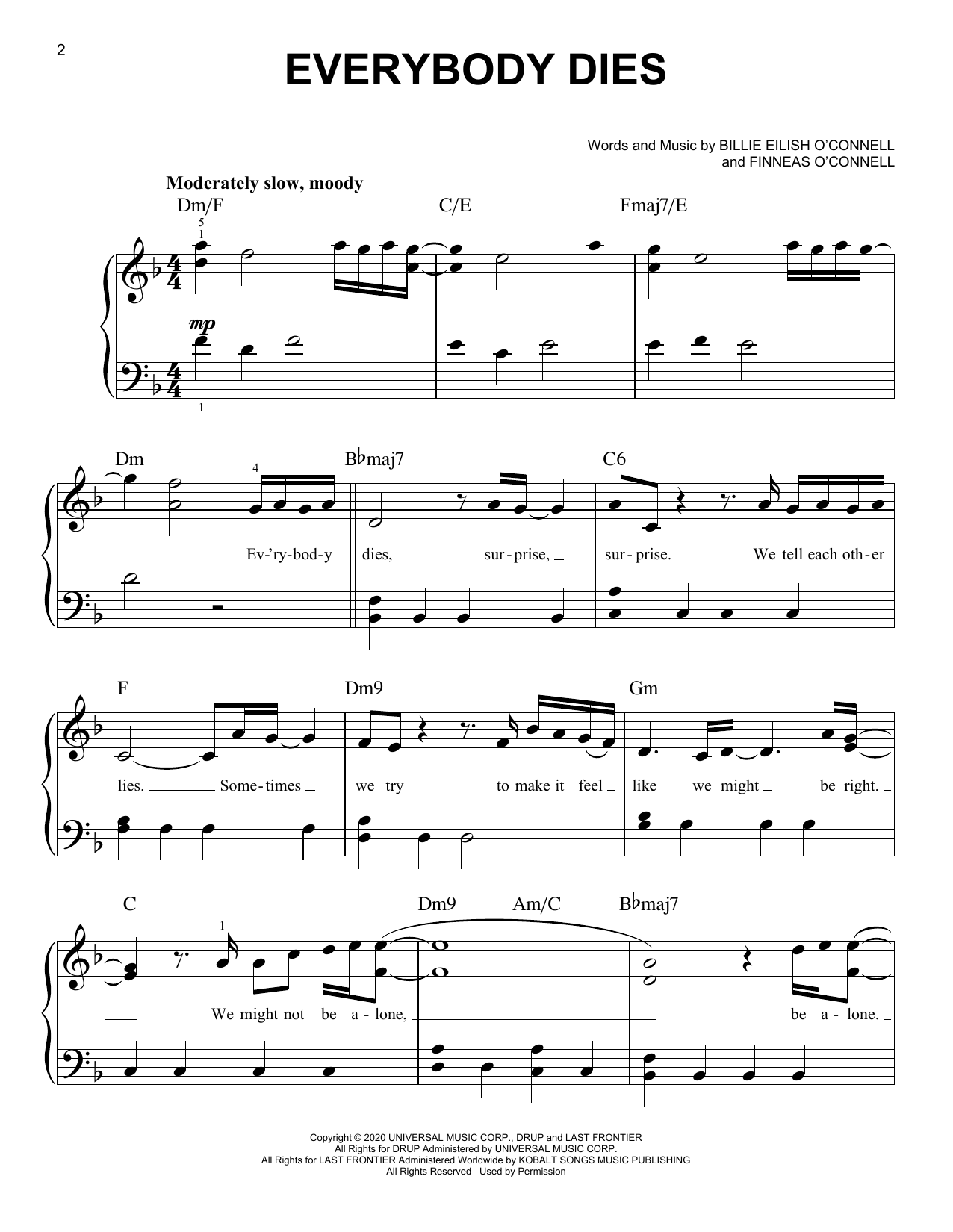 Preview Billie Eilish Everybody Dies Alternative sheet music, notes and chords for Piano, Vocal & Guitar (Right-Hand Melody), SKU: 499879 Download Billie Eilish Everybody Dies sheet music and printable PDF score & Alternative music notes