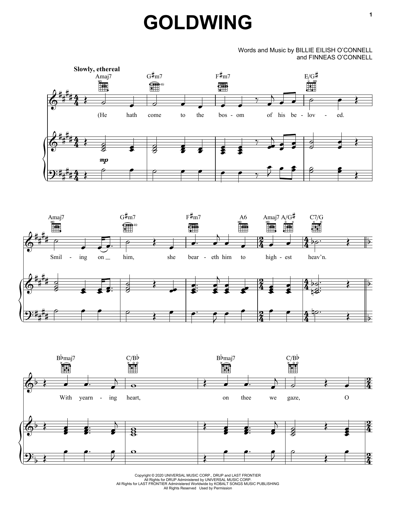 Preview Billie Eilish GOLDWING Alternative sheet music, notes and chords for Piano, Vocal & Guitar (Right-Hand Melody), SKU: 499893 Download Billie Eilish GOLDWING sheet music and printable PDF score & Alternative music notes