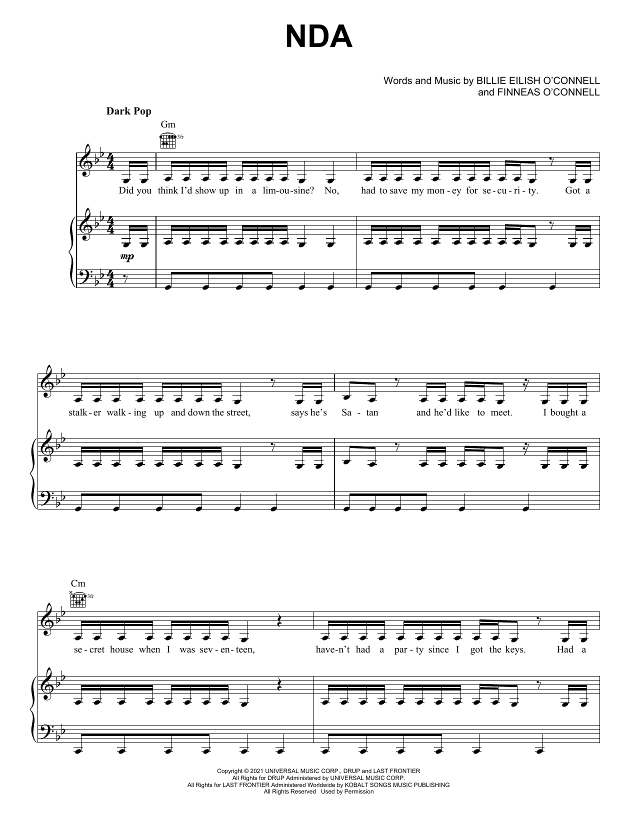 Preview Billie Eilish NDA Pop sheet music, notes and chords for Piano, Vocal & Guitar (Right-Hand Melody), SKU: 494334 Download Billie Eilish NDA sheet music and printable PDF score & Pop music notes