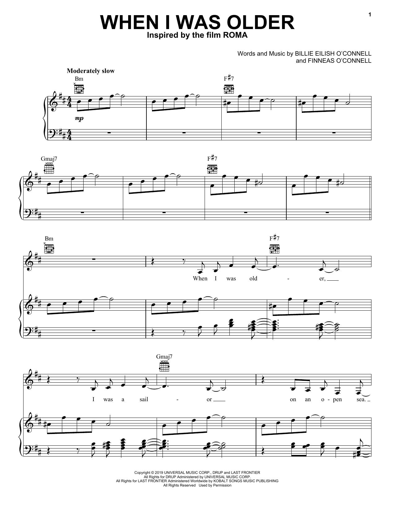 Preview Billie Eilish WHEN I WAS OLDER (Music Inspired by Roma) Pop sheet music, notes and chords for Piano, Vocal & Guitar (Right-Hand Melody), SKU: 442347 sheet music, piano notes, chords, guitar tabs, score, transpose, transcribe, how to play, guide, download, learn, tutorial, progression, song, artist, awards, billboard, mtv, vh1, tour, single, album, release
