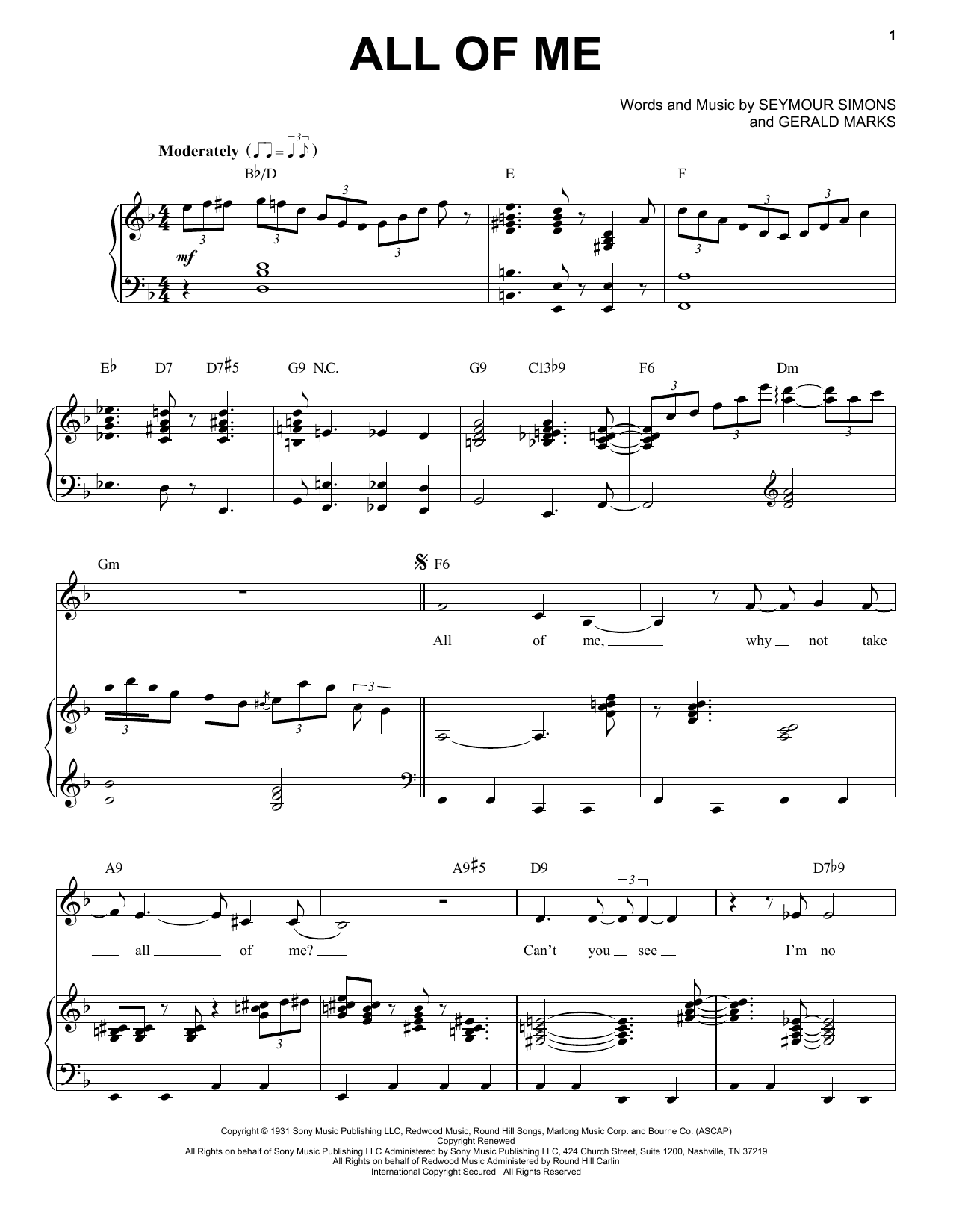 Download Billie Holiday All Of Me sheet music and printable PDF score & Jazz music notes