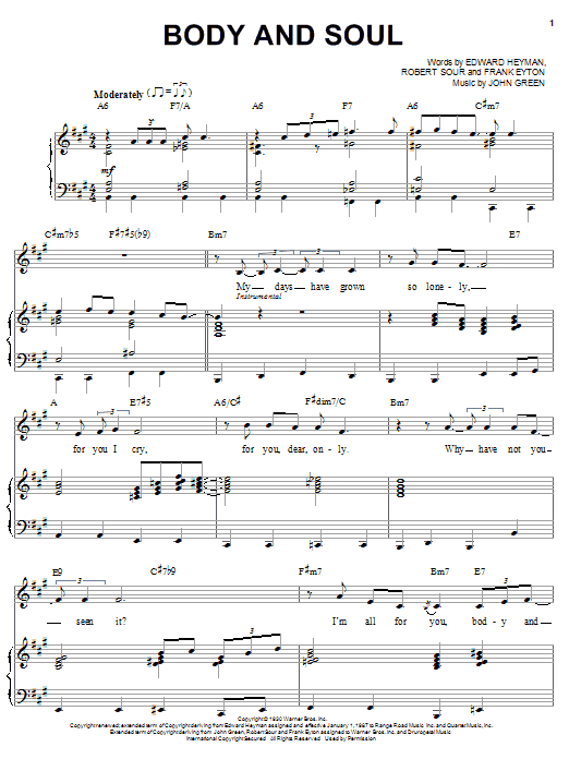 Preview Billie Holiday Body And Soul Jazz sheet music, notes and chords for Piano, Vocal & Guitar (Right-Hand Melody), SKU: 58653 Download Billie Holiday Body And Soul sheet music and printable PDF score & Jazz music notes