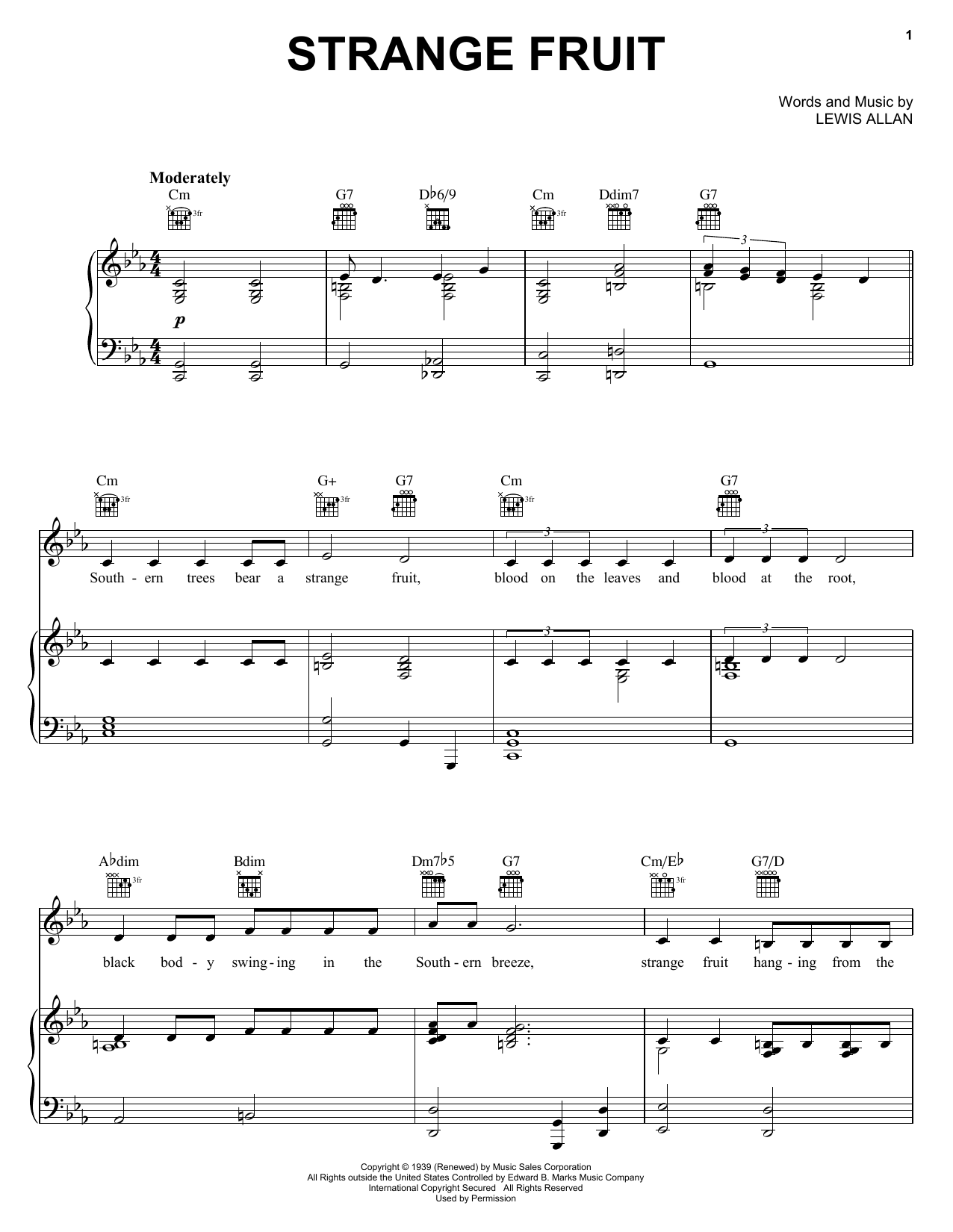 Preview Billie Holiday Strange Fruit Jazz sheet music, notes and chords for Melody Line, Lyrics & Chords, SKU: 25172 Download Billie Holiday Strange Fruit sheet music and printable PDF score & Jazz music notes