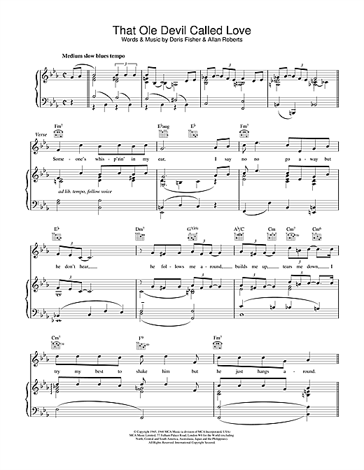Preview Billie Holiday That Ole Devil Called Love Jazz sheet music, notes and chords for Piano, Vocal & Guitar, SKU: 13862 sheet music, piano notes, chords, guitar tabs, score, transpose, transcribe, how to play, guide, download, learn, tutorial, progression, song, artist, awards, billboard, mtv, vh1, tour, single, album, release