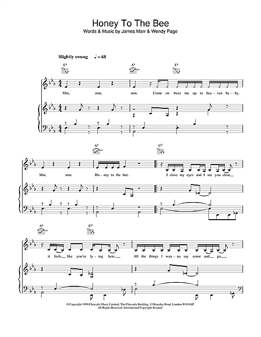 Preview Billie Piper Honey to the Bee Pop sheet music, notes and chords for Piano, Vocal & Guitar, SKU: 13669 sheet music, piano notes, chords, guitar tabs, score, transpose, transcribe, how to play, guide, download, learn, tutorial, progression, song, artist, awards, billboard, mtv, vh1, tour, single, album, release
