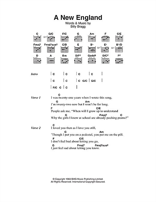 Download Billy Bragg A New England sheet music and printable PDF score & Rock music notes