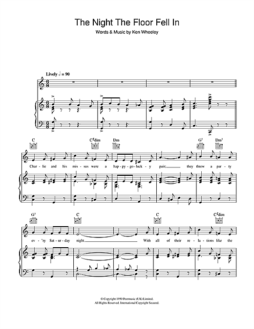 Preview Billy Cotton The Night The Floor Fell In Classics sheet music, notes and chords for Piano, Vocal & Guitar (Right-Hand Melody), SKU: 101191 sheet music, piano notes, chords, guitar tabs, score, transpose, transcribe, how to play, guide, download, learn, tutorial, progression, song, artist, awards, billboard, mtv, vh1, tour, single, album, release