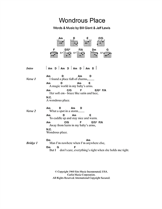 Preview Billy Fury Wondrous Place Pop sheet music, notes and chords for Piano, Vocal & Guitar, SKU: 31945 Download Billy Fury Wondrous Place sheet music and printable PDF score & Pop music notes