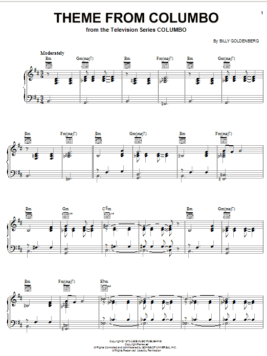 Preview Billy Goldenberg Theme from Columbo Film and TV sheet music, notes and chords for Piano, SKU: 32321 Download Billy Goldenberg Theme from Columbo sheet music and printable PDF score & Film and TV music notes