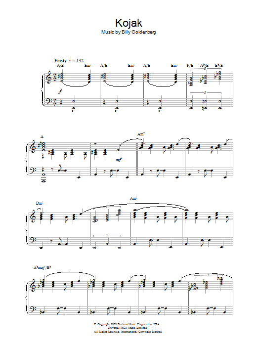 Preview Billy Goldenberg Theme from Kojak Film and TV sheet music, notes and chords for Piano, SKU: 32315 Download Billy Goldenberg Theme from Kojak sheet music and printable PDF score & Film and TV music notes