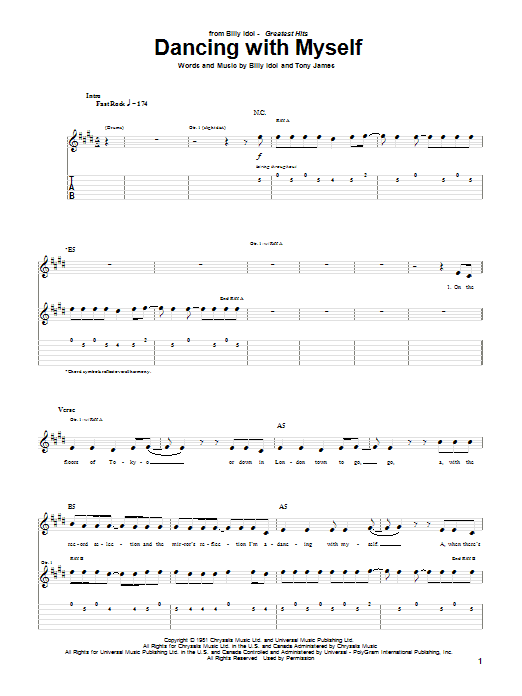 Preview Billy Idol Dancing With Myself Rock sheet music, notes and chords for Guitar Tab, SKU: 51617 sheet music, piano notes, chords, guitar tabs, score, transpose, transcribe, how to play, guide, download, learn, tutorial, progression, song, artist, awards, billboard, mtv, vh1, tour, single, album, release