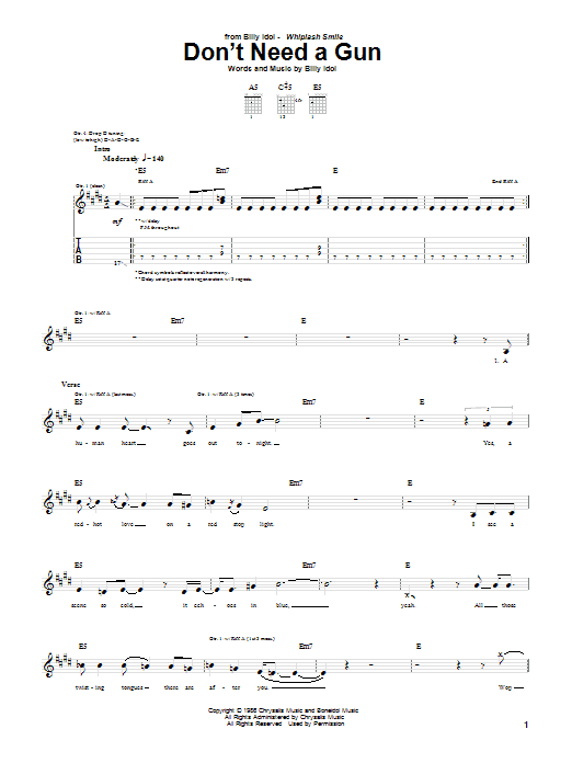 Preview Billy Idol Don't Need A Gun Rock sheet music, notes and chords for Guitar Tab, SKU: 51614 sheet music, piano notes, chords, guitar tabs, score, transpose, transcribe, how to play, guide, download, learn, tutorial, progression, song, artist, awards, billboard, mtv, vh1, tour, single, album, release