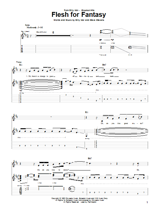 Preview Billy Idol Flesh For Fantasy Rock sheet music, notes and chords for Guitar Tab, SKU: 51616 sheet music, piano notes, chords, guitar tabs, score, transpose, transcribe, how to play, guide, download, learn, tutorial, progression, song, artist, awards, billboard, mtv, vh1, tour, single, album, release