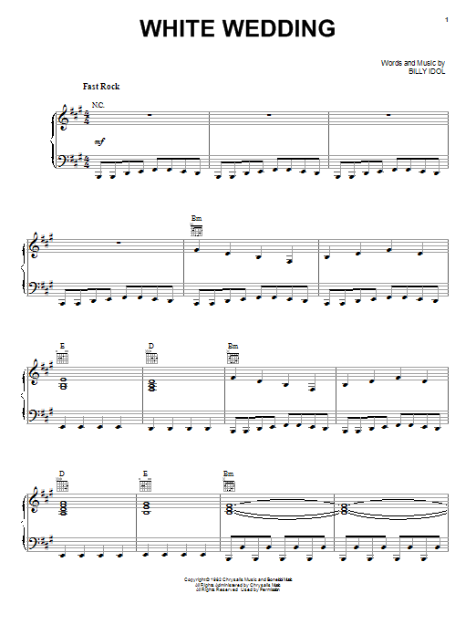 Preview Billy Idol White Wedding Rock sheet music, notes and chords for Piano, Vocal & Guitar (Right-Hand Melody), SKU: 108055 sheet music, piano notes, chords, guitar tabs, score, transpose, transcribe, how to play, guide, download, learn, tutorial, progression, song, artist, awards, billboard, mtv, vh1, tour, single, album, release