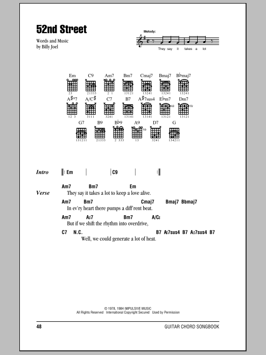 Preview Billy Joel 52nd Street Pop sheet music, notes and chords for Lyrics & Chords, SKU: 79616 Download Billy Joel 52nd Street sheet music and printable PDF score & Pop music notes