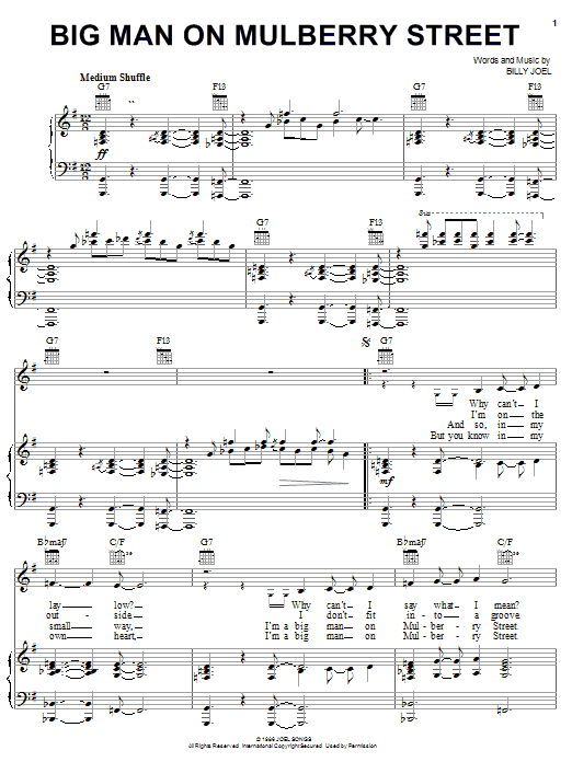 Preview Billy Joel Big Man On Mulberry Street Rock sheet music, notes and chords for Lyrics & Chords, SKU: 79622 Download Billy Joel Big Man On Mulberry Street sheet music and printable PDF score & Rock music notes