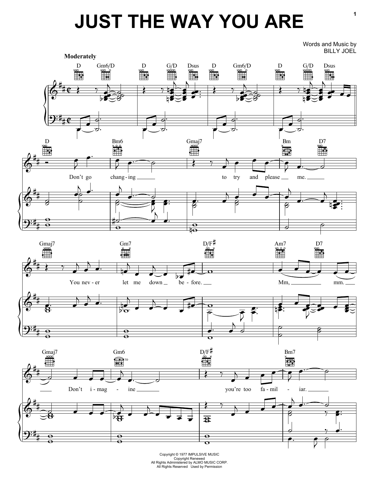 Preview Billy Joel Just The Way You Are Pop sheet music, notes and chords for Piano, Vocal & Guitar (Right-Hand Melody), SKU: 18271 sheet music, piano notes, chords, guitar tabs, score, transpose, transcribe, how to play, guide, download, learn, tutorial, progression, song, artist, awards, billboard, mtv, vh1, tour, single, album, release