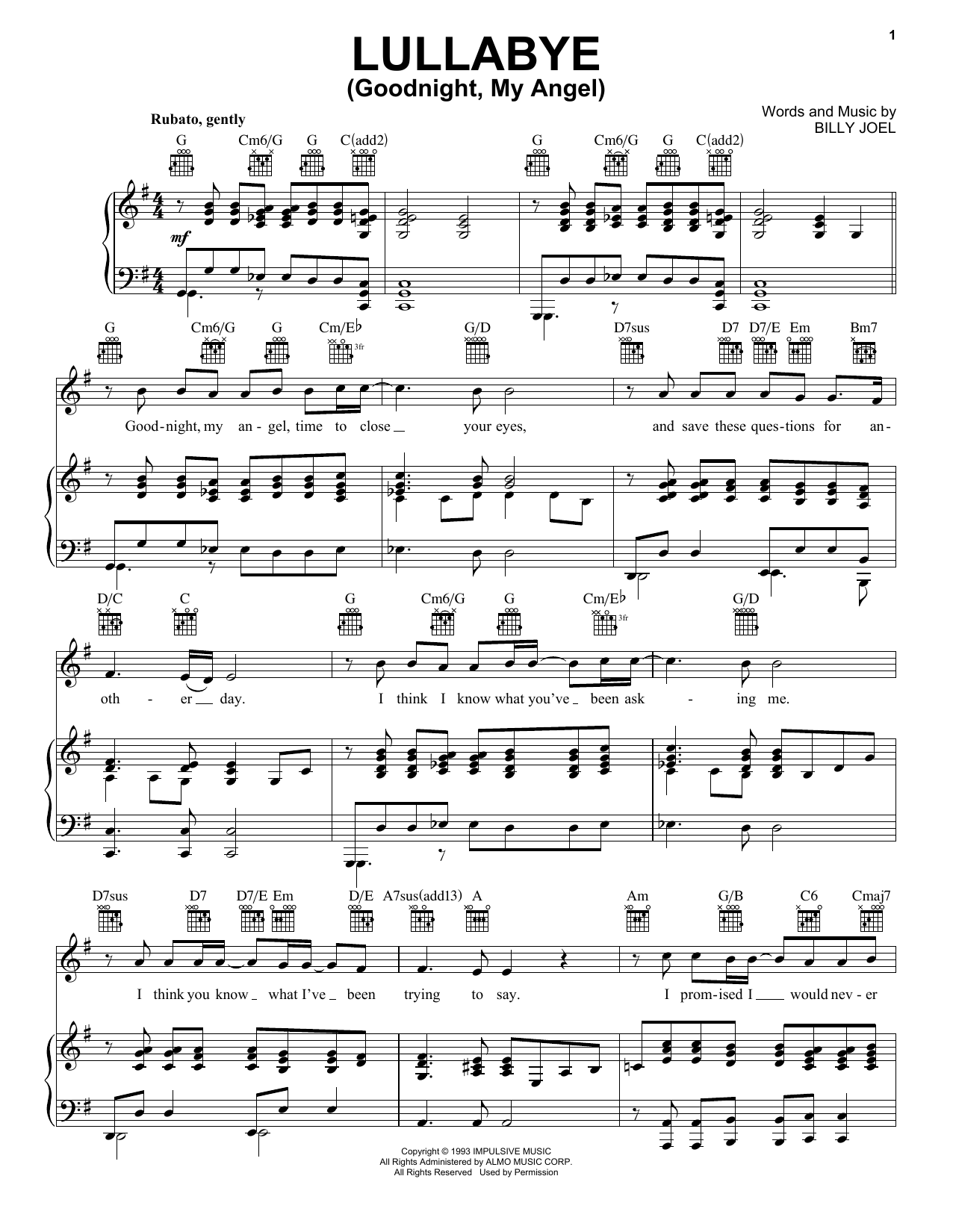 Preview Billy Joel Lullabye (Goodnight, My Angel) Rock sheet music, notes and chords for Piano, Vocal & Guitar (Right-Hand Melody), SKU: 18283 sheet music, piano notes, chords, guitar tabs, score, transpose, transcribe, how to play, guide, download, learn, tutorial, progression, song, artist, awards, billboard, mtv, vh1, tour, single, album, release