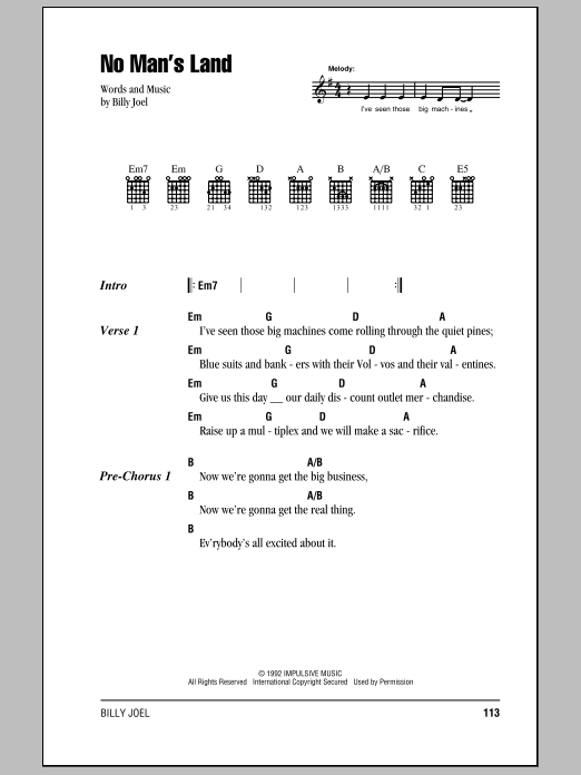 Preview Billy Joel No Man's Land Rock sheet music, notes and chords for Lyrics & Chords, SKU: 79597 Download Billy Joel No Man's Land sheet music and printable PDF score & Rock music notes