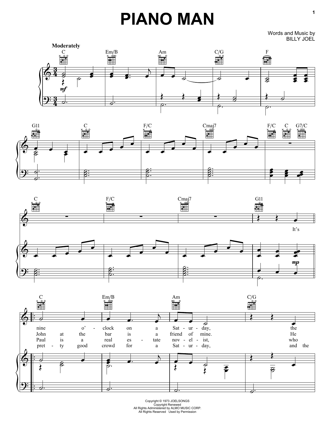Preview Billy Joel Piano Man Rock sheet music, notes and chords for Piano, Vocal & Guitar (Right-Hand Melody), SKU: 18307 sheet music, piano notes, chords, guitar tabs, score, transpose, transcribe, how to play, guide, download, learn, tutorial, progression, song, artist, awards, billboard, mtv, vh1, tour, single, album, release