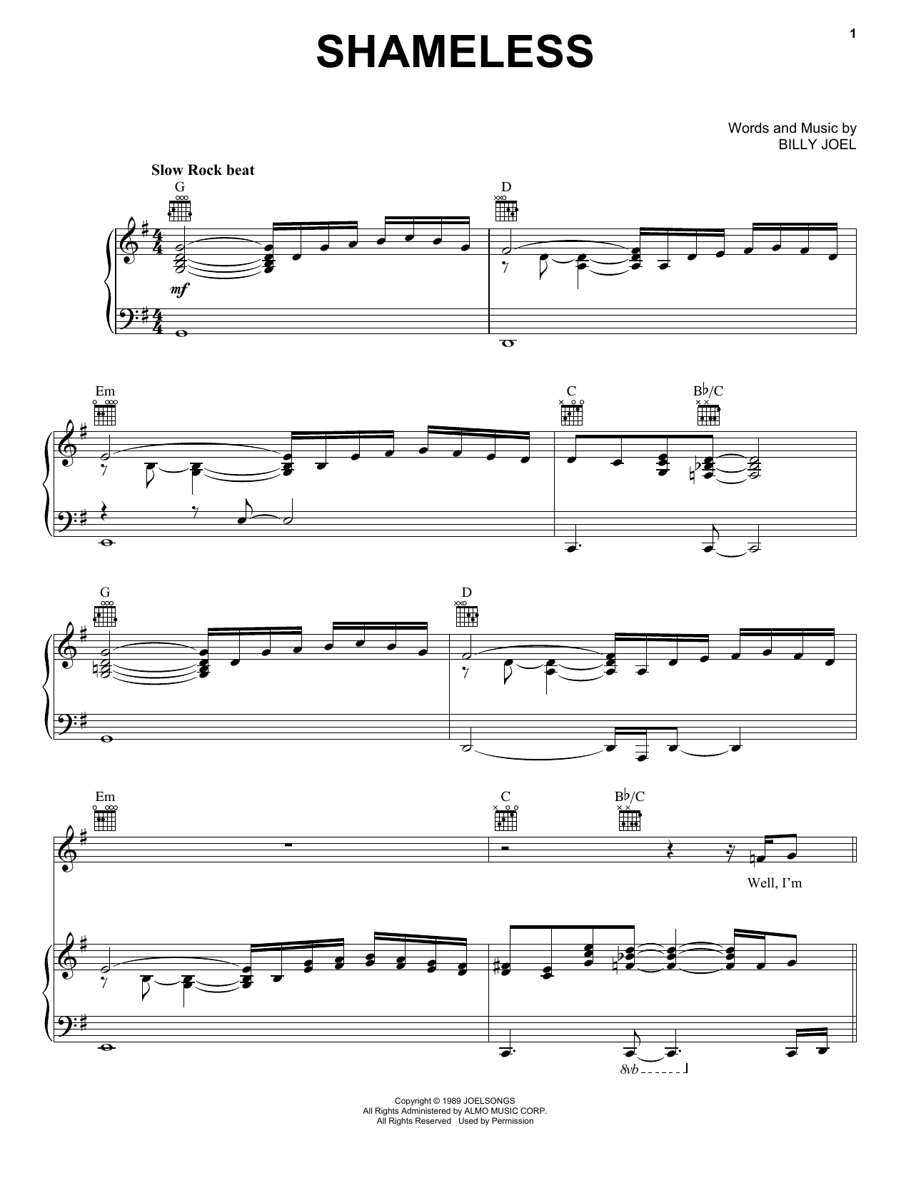 Preview Billy Joel Shameless Pop sheet music, notes and chords for Piano, SKU: 70092 Download Billy Joel Shameless sheet music and printable PDF score & Pop music notes