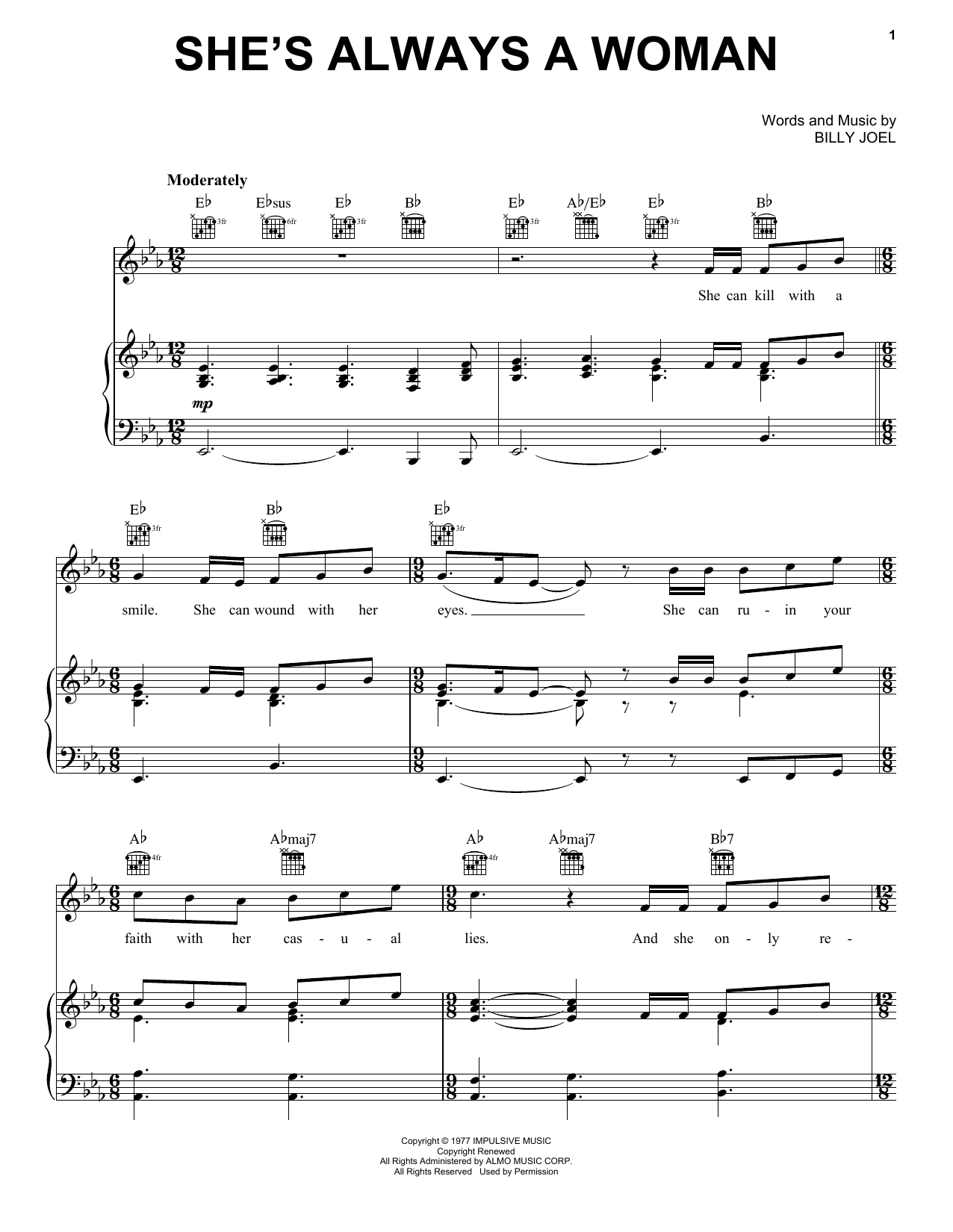Download Billy Joel She's Always A Woman sheet music and printable PDF score & Pop music notes