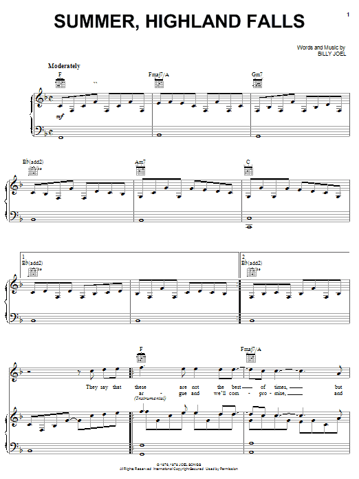 Preview Billy Joel Summer, Highland Falls Rock sheet music, notes and chords for Piano & Vocal, SKU: 63179 sheet music, piano notes, chords, guitar tabs, score, transpose, transcribe, how to play, guide, download, learn, tutorial, progression, song, artist, awards, billboard, mtv, vh1, tour, single, album, release