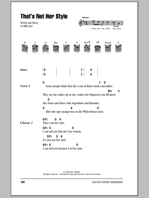 Preview Billy Joel That's Not Her Style Rock sheet music, notes and chords for Lyrics & Chords, SKU: 79650 Download Billy Joel That's Not Her Style sheet music and printable PDF score & Rock music notes