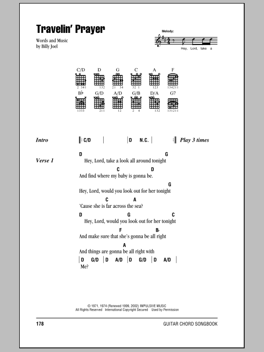 Preview Billy Joel Travelin' Prayer Rock sheet music, notes and chords for Lyrics & Chords, SKU: 79653 Download Billy Joel Travelin' Prayer sheet music and printable PDF score & Rock music notes