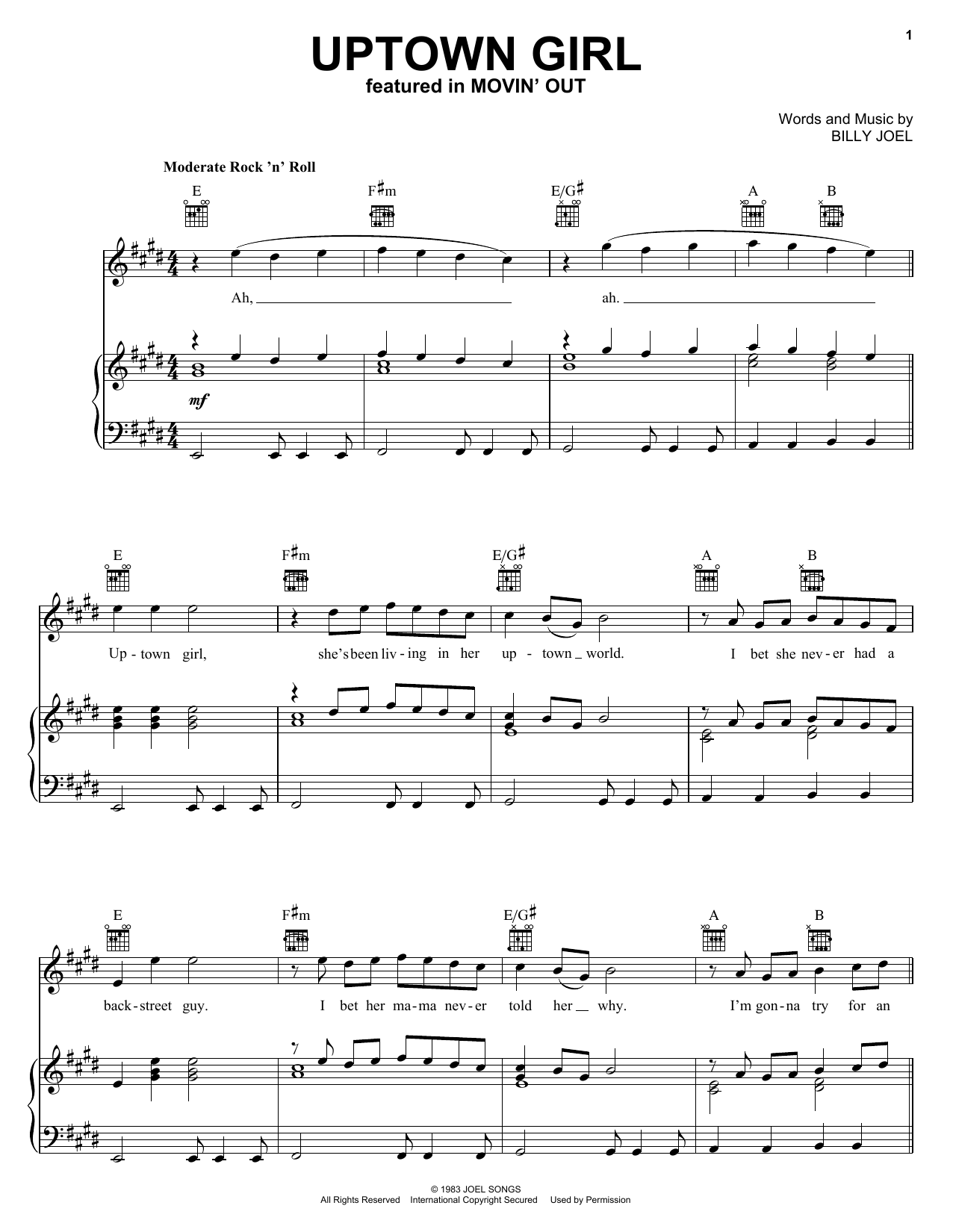 Preview Billy Joel Uptown Girl Rock sheet music, notes and chords for Piano, Vocal & Guitar (Right-Hand Melody), SKU: 18340 sheet music, piano notes, chords, guitar tabs, score, transpose, transcribe, how to play, guide, download, learn, tutorial, progression, song, artist, awards, billboard, mtv, vh1, tour, single, album, release