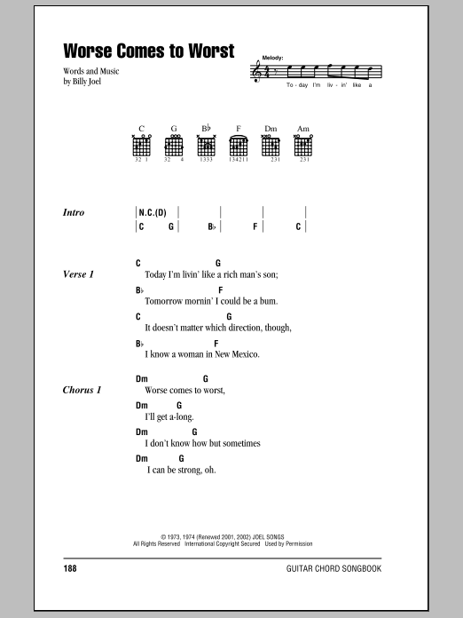 Preview Billy Joel Worse Comes To Worst Rock sheet music, notes and chords for Lyrics & Chords, SKU: 79656 Download Billy Joel Worse Comes To Worst sheet music and printable PDF score & Rock music notes