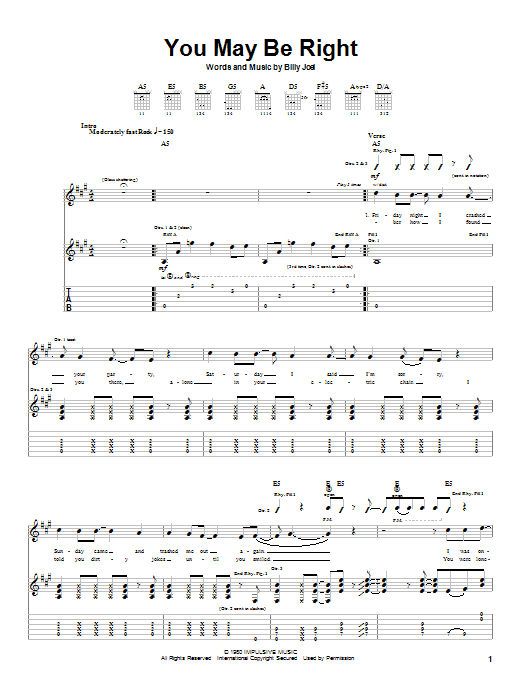Preview Billy Joel You May Be Right Rock sheet music, notes and chords for Lyrics & Chords, SKU: 79657 Download Billy Joel You May Be Right sheet music and printable PDF score & Rock music notes