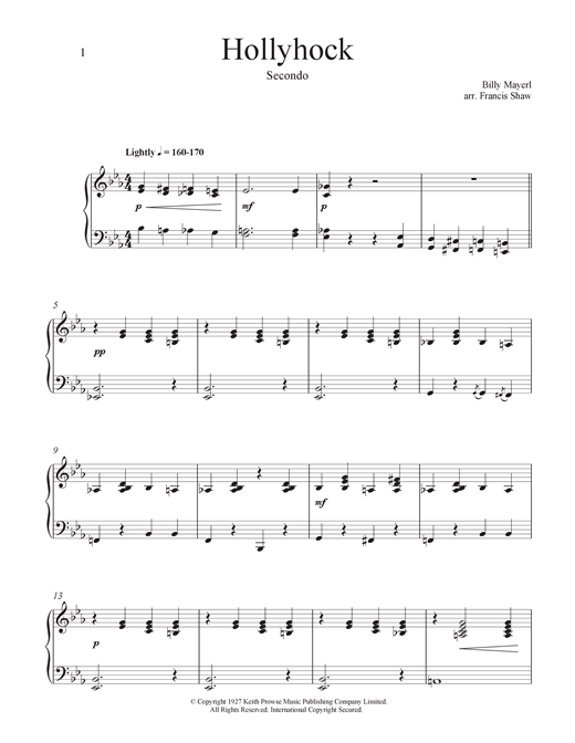 Preview Billy Mayerl Hollyhock Classical sheet music, notes and chords for Piano Duet, SKU: 114890 sheet music, piano notes, chords, guitar tabs, score, transpose, transcribe, how to play, guide, download, learn, tutorial, progression, song, artist, awards, billboard, mtv, vh1, tour, single, album, release