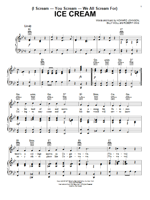 Preview Billy Moll (I Scream-You Scream-We All Scream For) Ice Cream Musicals sheet music, notes and chords for Piano, Vocal & Guitar (Right-Hand Melody), SKU: 18264 sheet music, piano notes, chords, guitar tabs, score, transpose, transcribe, how to play, guide, download, learn, tutorial, progression, song, artist, awards, billboard, mtv, vh1, tour, single, album, release