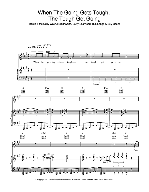 Preview Billy Ocean When The Going Gets Tough, The Tough Get Going Pop sheet music, notes and chords for Piano, Vocal & Guitar, SKU: 17557 sheet music, piano notes, chords, guitar tabs, score, transpose, transcribe, how to play, guide, download, learn, tutorial, progression, song, artist, awards, billboard, mtv, vh1, tour, single, album, release