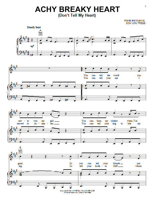 Preview Billy Ray Cyrus Achy Breaky Heart (Don't Tell My Heart) Pop sheet music, notes and chords for Piano, Vocal & Guitar (Right-Hand Melody), SKU: 51623 sheet music, piano notes, chords, guitar tabs, score, transpose, transcribe, how to play, guide, download, learn, tutorial, progression, song, artist, awards, billboard, mtv, vh1, tour, single, album, release
