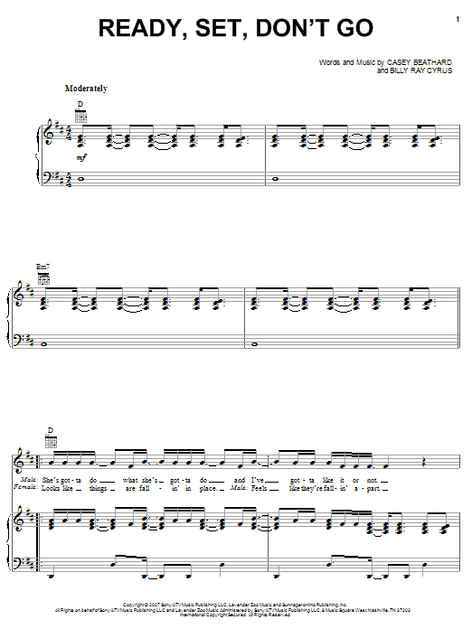 Preview Billy Ray Cyrus with Miley Cyrus Ready, Set, Don't Go Pop sheet music, notes and chords for Piano, Vocal & Guitar (Right-Hand Melody), SKU: 62874 Download Billy Ray Cyrus with Miley Cyrus Ready, Set, Don't Go sheet music and printable PDF score & Pop music notes