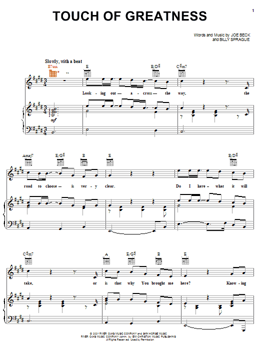 Preview Billy Sprague Touch Of Greatness Religious sheet music, notes and chords for Piano, Vocal & Guitar (Right-Hand Melody), SKU: 19376 sheet music, piano notes, chords, guitar tabs, score, transpose, transcribe, how to play, guide, download, learn, tutorial, progression, song, artist, awards, billboard, mtv, vh1, tour, single, album, release