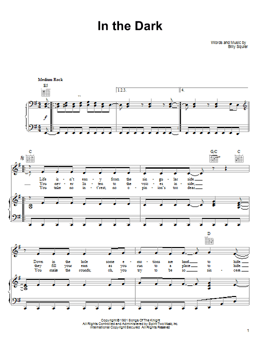 Preview Billy Squier In The Dark Rock sheet music, notes and chords for Piano, Vocal & Guitar (Right-Hand Melody), SKU: 28138 sheet music, piano notes, chords, guitar tabs, score, transpose, transcribe, how to play, guide, download, learn, tutorial, progression, song, artist, awards, billboard, mtv, vh1, tour, single, album, release