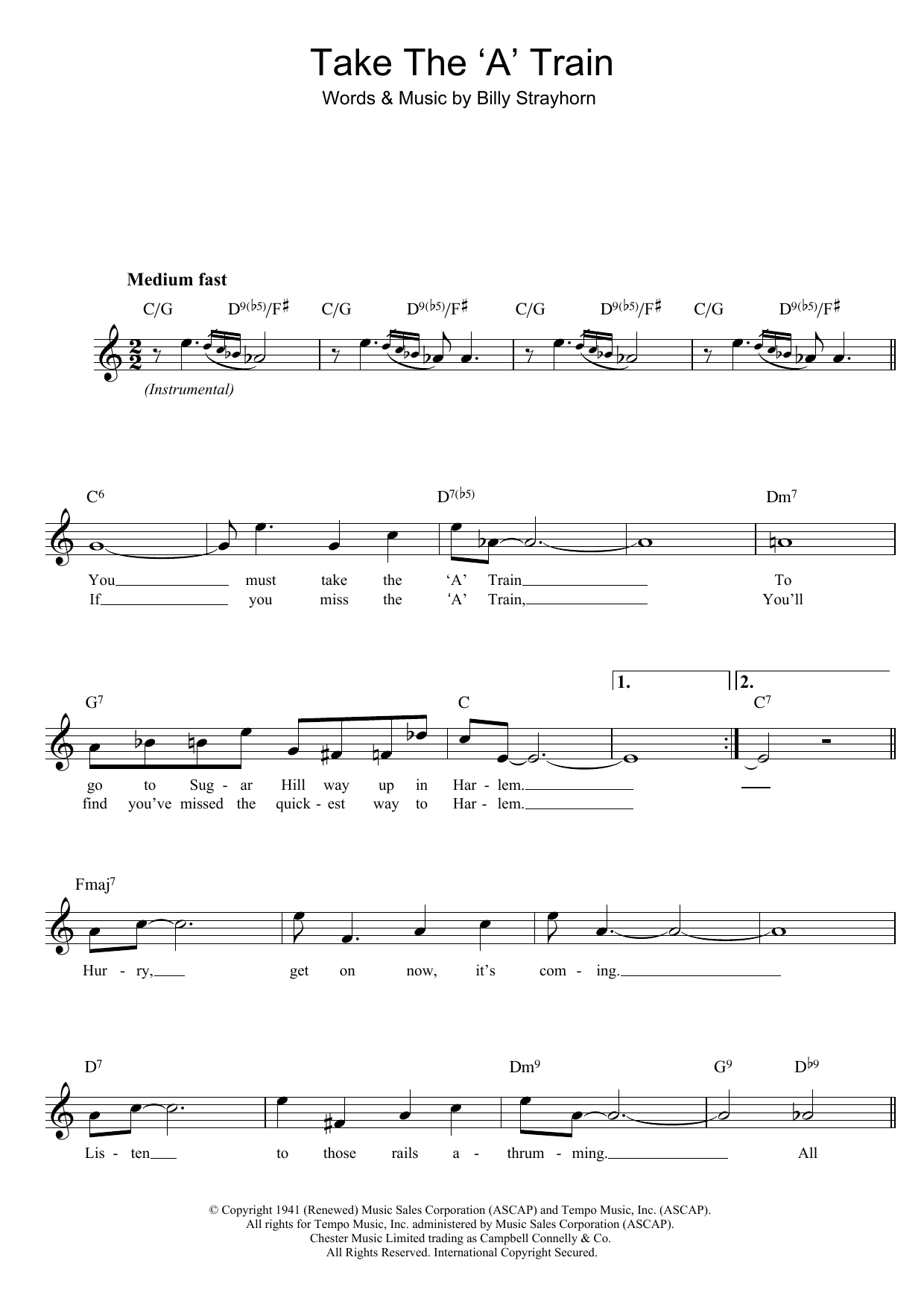 Preview Billy Strayhorn Take The 'A' Train Jazz sheet music, notes and chords for Melody Line, Lyrics & Chords, SKU: 14176 Download Billy Strayhorn Take The 'A' Train sheet music and printable PDF score & Jazz music notes