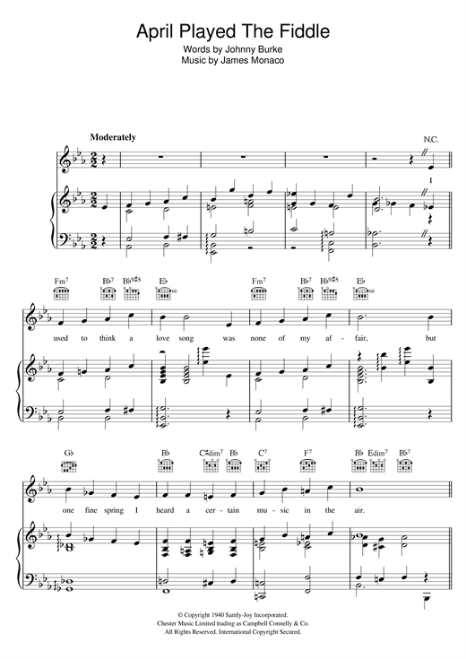Preview Bing Crosby April Played The Fiddle Easy Listening sheet music, notes and chords for Piano, Vocal & Guitar (Right-Hand Melody), SKU: 121137 sheet music, piano notes, chords, guitar tabs, score, transpose, transcribe, how to play, guide, download, learn, tutorial, progression, song, artist, awards, billboard, mtv, vh1, tour, single, album, release
